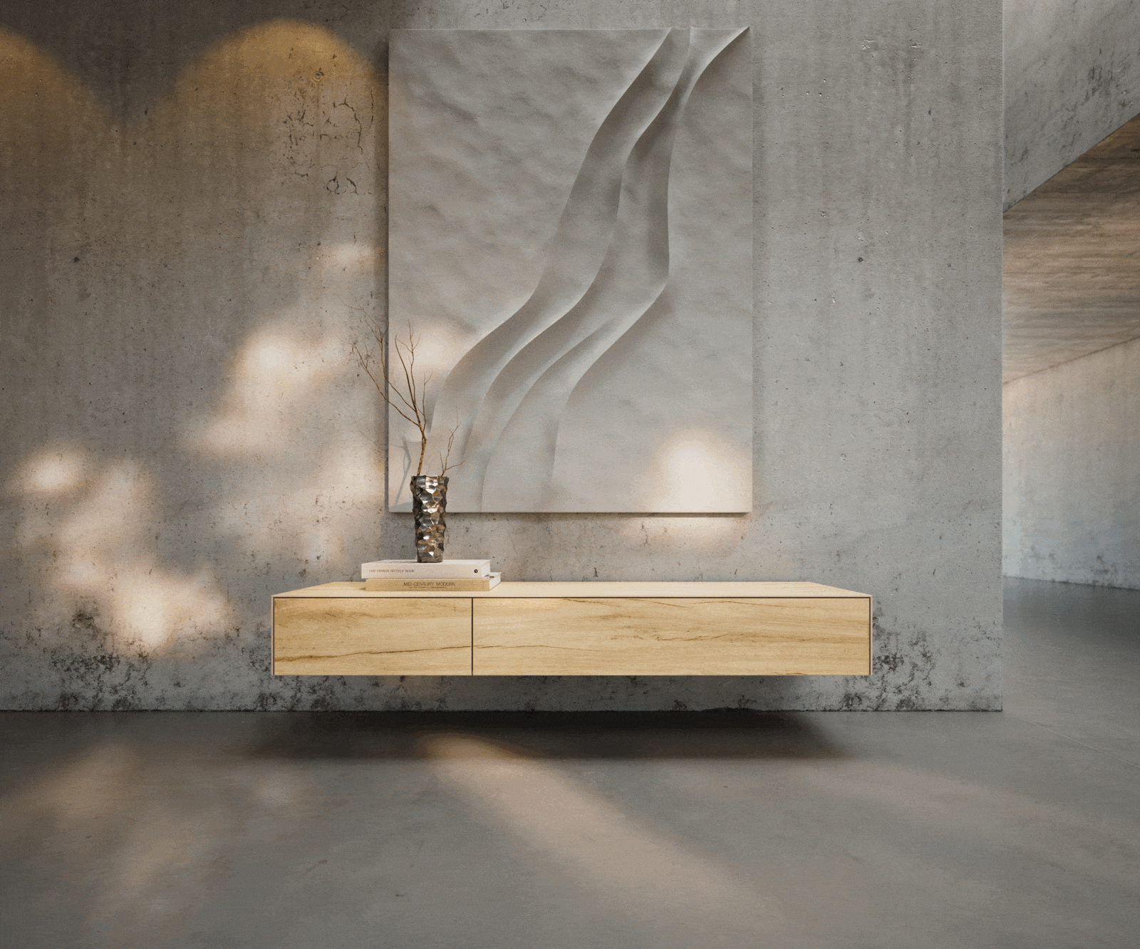 TV szekrény Cuor 150 cm kerámia Laminam® Sabbia tölgyszínű 1 billenő ajtó 1 fiókos lebegő - Image 2