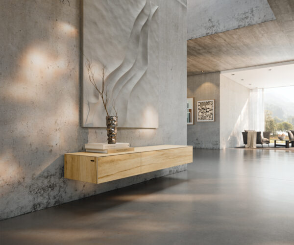 TV szekrény Cuor 150 cm kerámia Laminam® Sabbia tölgyszínű 1 billenő ajtó 1 fiókos lebegő