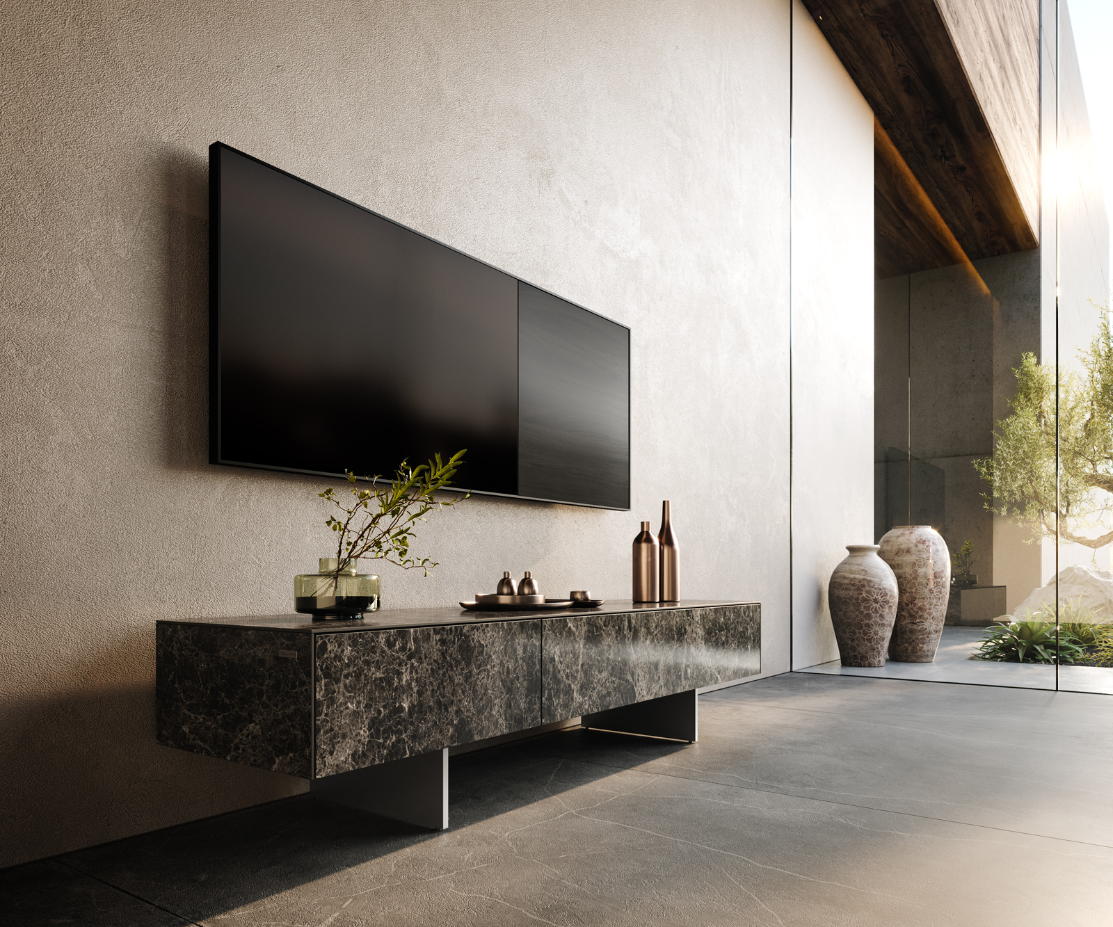 TV szekrény Cuor 150 cm Laminam® Emperador extra fényes kerámia sötétbarna 1 billenő ajtó 1 fiókos lebegő rozsdamentes acél láb