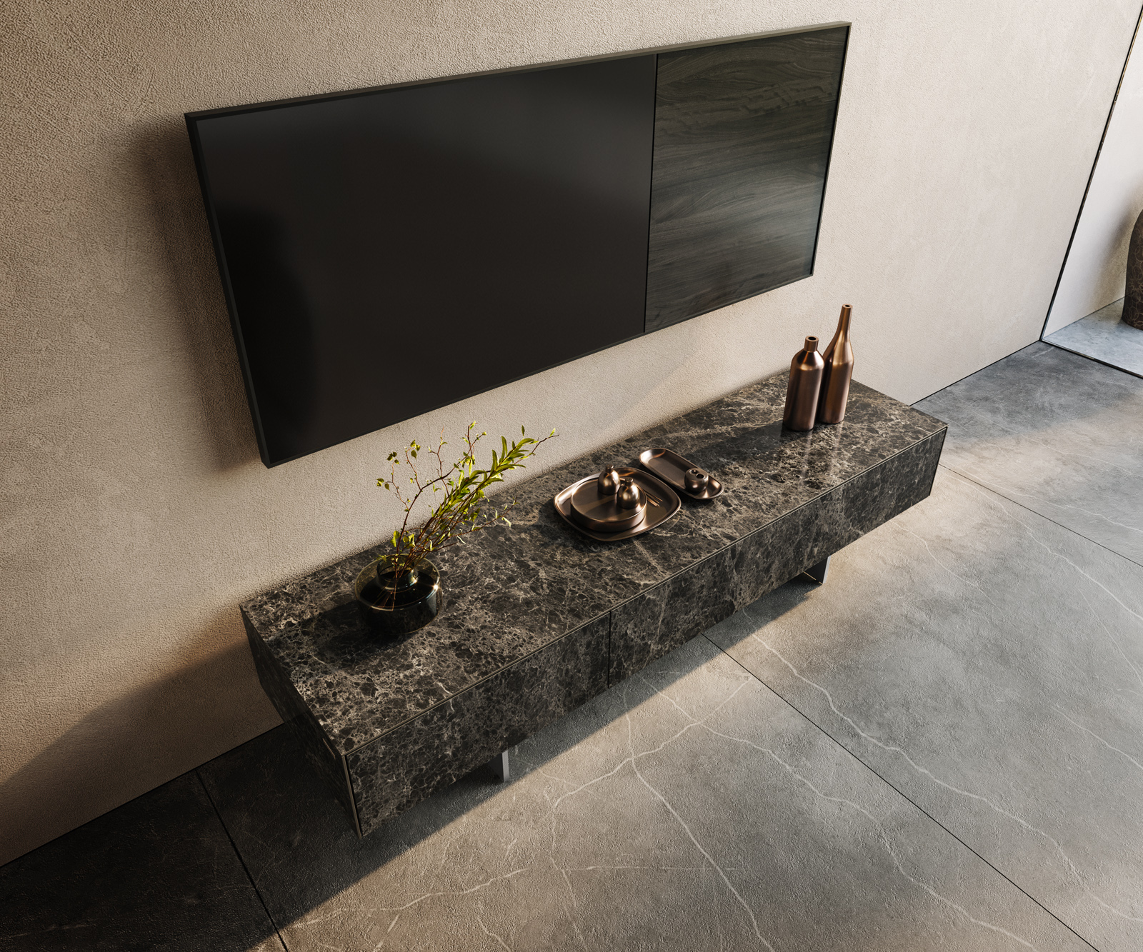 TV szekrény Cuor 150 cm Laminam® Emperador extra fényes kerámia sötétbarna 1 billenő ajtó 1 fiókos lebegő rozsdamentes acél láb - Image 4