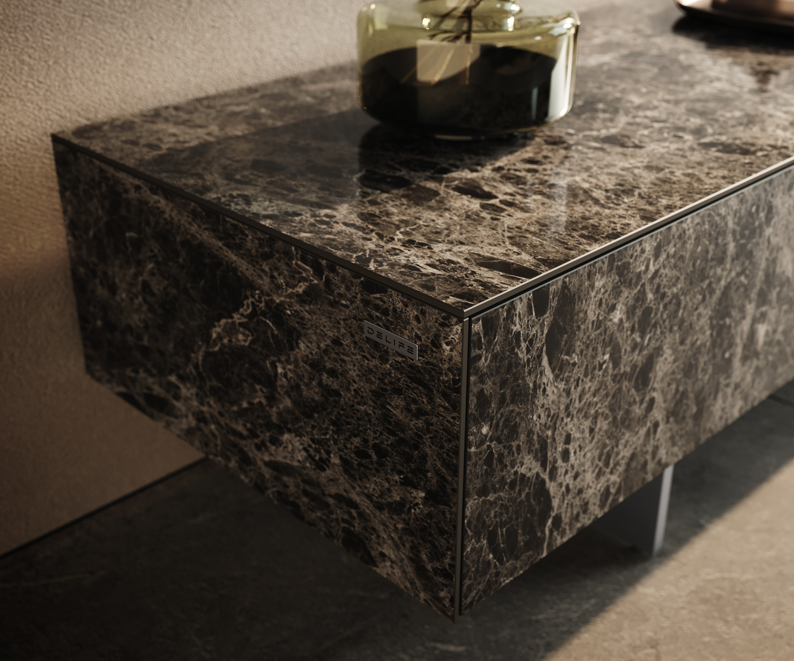 TV szekrény Cuor 150 cm Laminam® Emperador extra fényes kerámia sötétbarna 1 billenő ajtó 1 fiókos lebegő rozsdamentes acél láb - Image 6