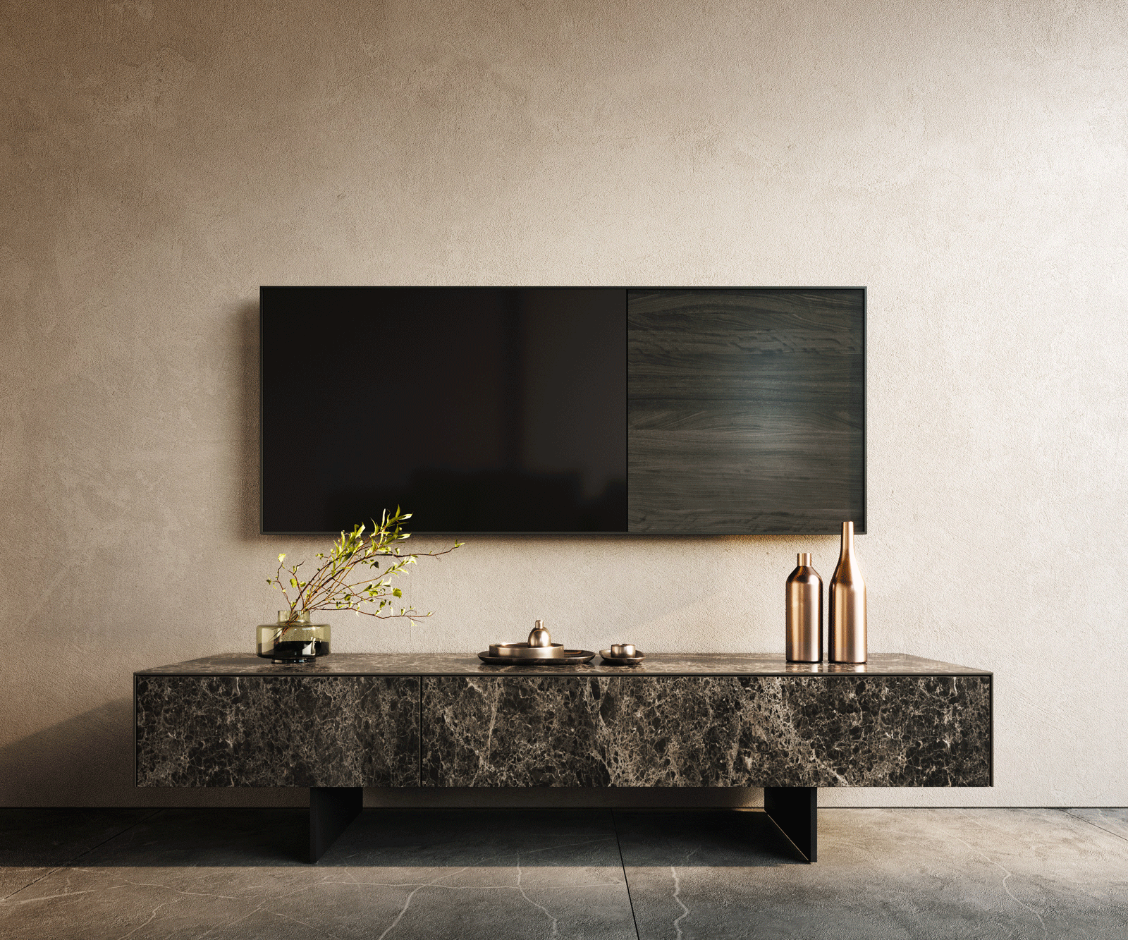 TV szekrény Cuor 150 cm kerámia Laminam® Emperador Extra Lucidato sötétbarna 1 billenő ajtó 1 fiók lebegő fém láb fekete - Image 2