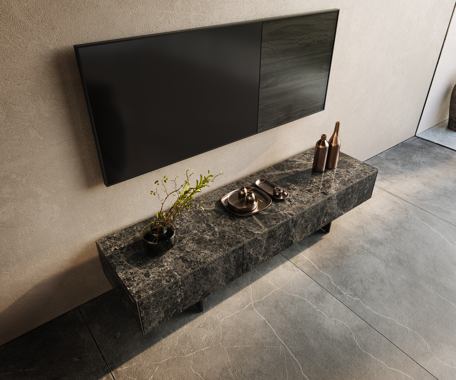 TV szekrény Cuor 150 cm kerámia Laminam® Emperador Extra Lucidato sötétbarna 1 billenő ajtó 1 fiók lebegő fém láb fekete - Image 4