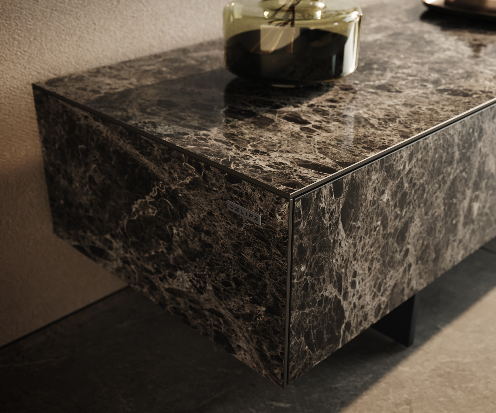 TV szekrény Cuor 150 cm kerámia Laminam® Emperador Extra Lucidato sötétbarna 1 billenő ajtó 1 fiók lebegő fém láb fekete - Image 6