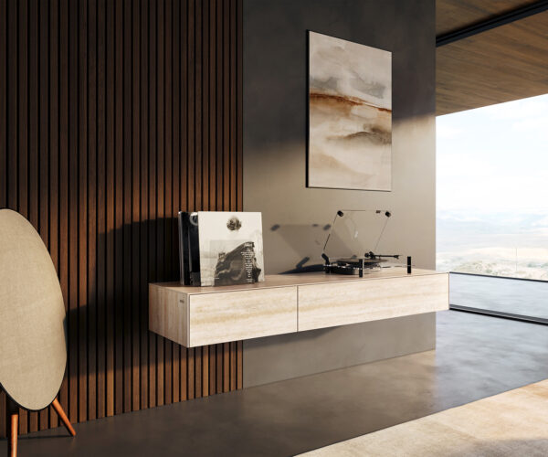 TV szekrény Cuor 150 cm kerámia Laminam® Travertino Bianco krémfehér 1 billenő ajtó 1 fiókos lebegő