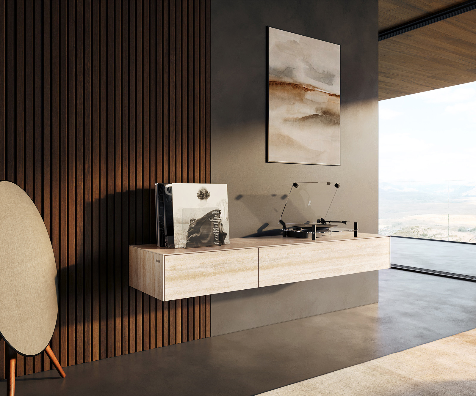 TV szekrény Cuor 150 cm kerámia Laminam® Travertino Bianco krémfehér 1 billenő ajtó 1 fiókos lebegő