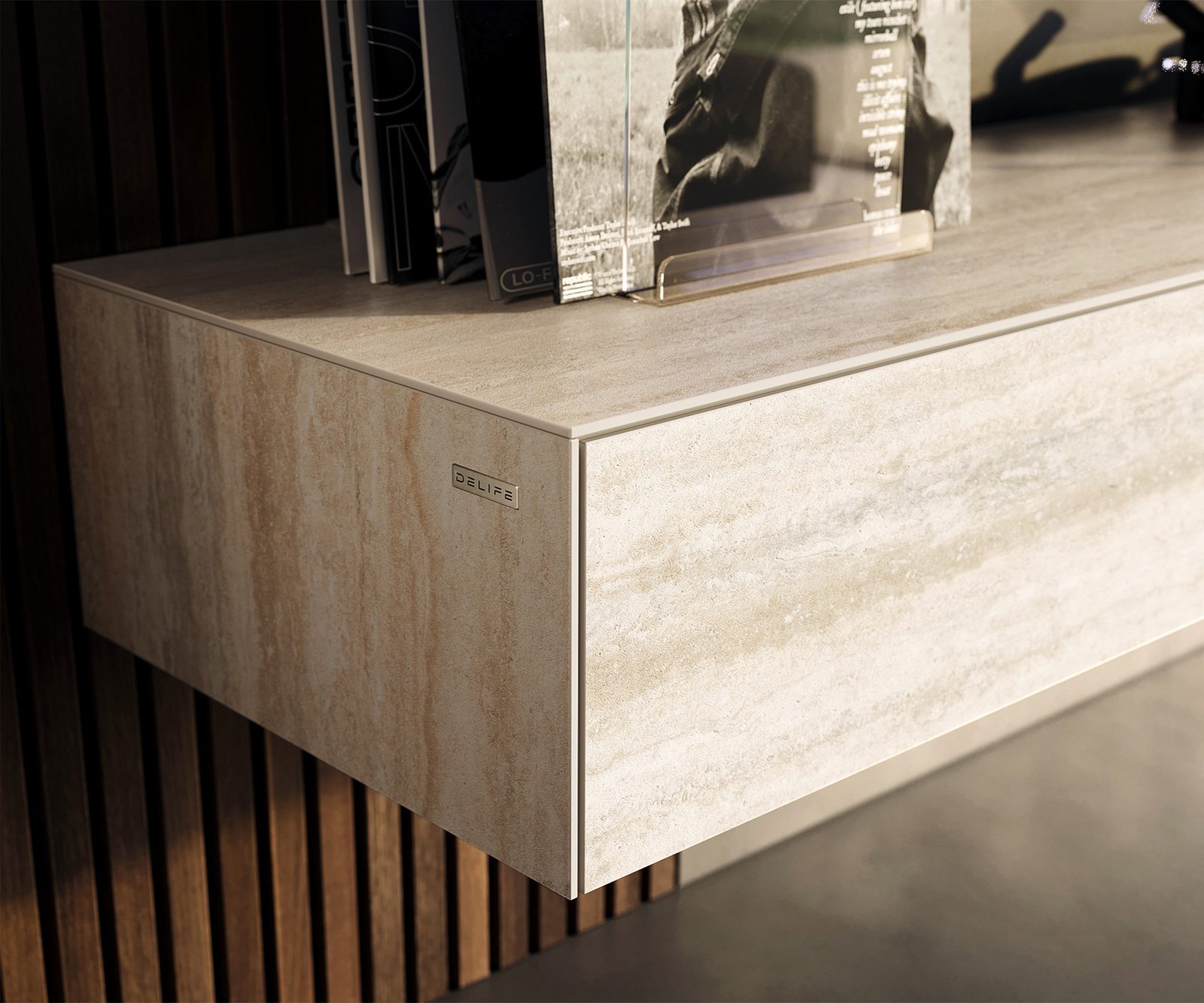 TV szekrény Cuor 150 cm kerámia Laminam® Travertino Bianco krémfehér 1 billenő ajtó 1 fiókos lebegő - Image 6