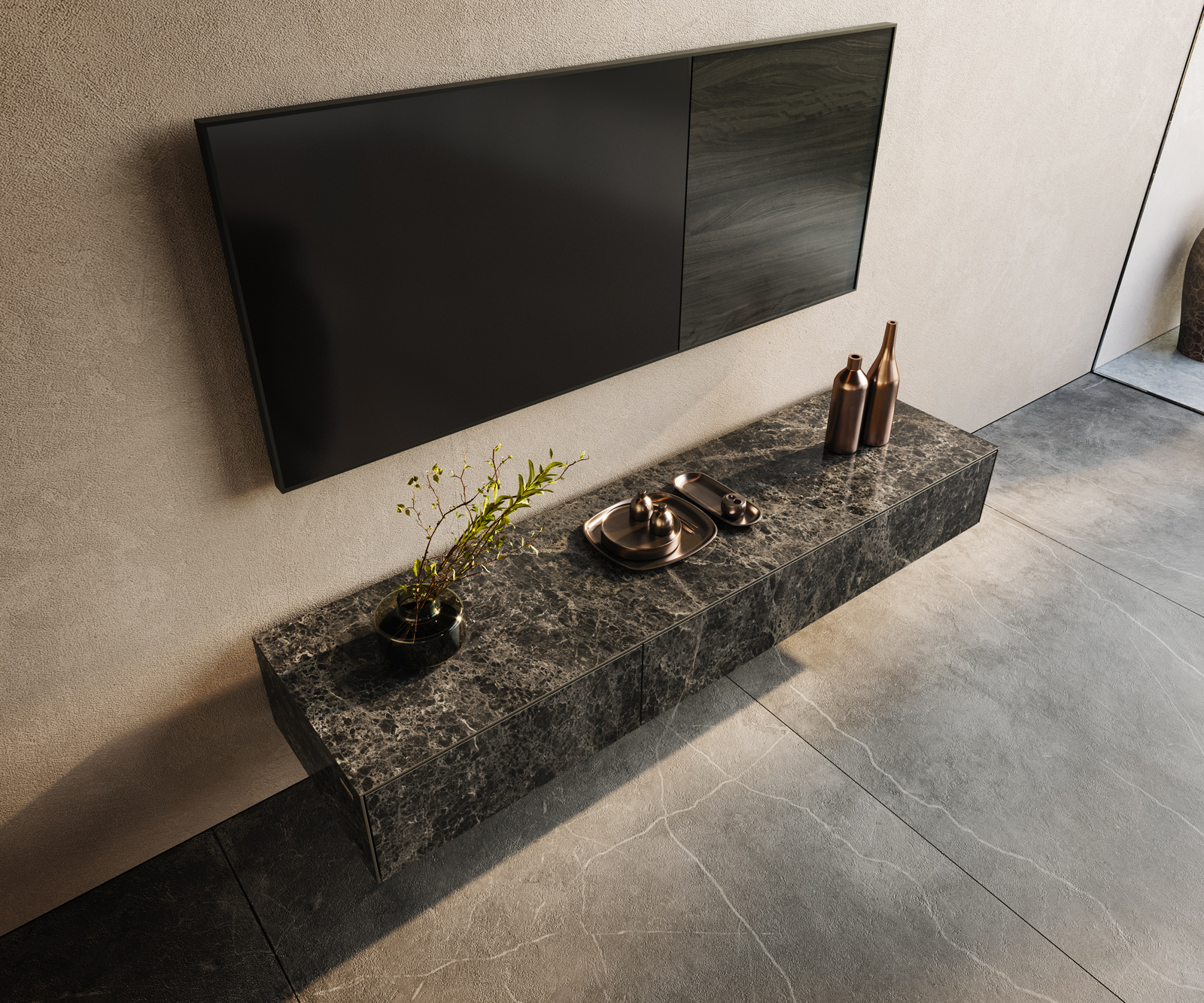 TV szekrény Cuor 150 cm Laminam® Emperador kerámia extra fényes sötétbarna lebegő 1 billenő ajtó 1 fiókos rekesz - Image 4