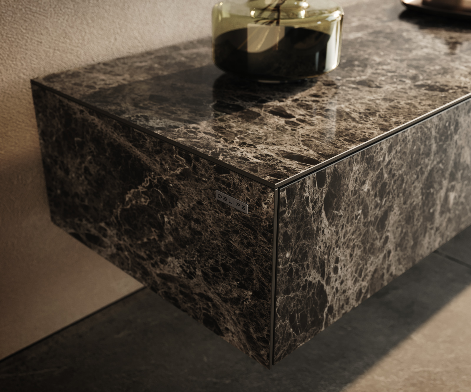 TV szekrény Cuor 150 cm Laminam® Emperador kerámia extra fényes sötétbarna lebegő 1 billenő ajtó 1 fiókos rekesz - Image 6