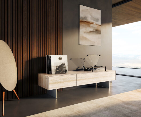 TV szekrény Cuor 150 cm kerámia Laminam® Travertino Bianco krémfehér 1 billenő ajtó 1 fiókos lebegő rozsdamentes acél láb