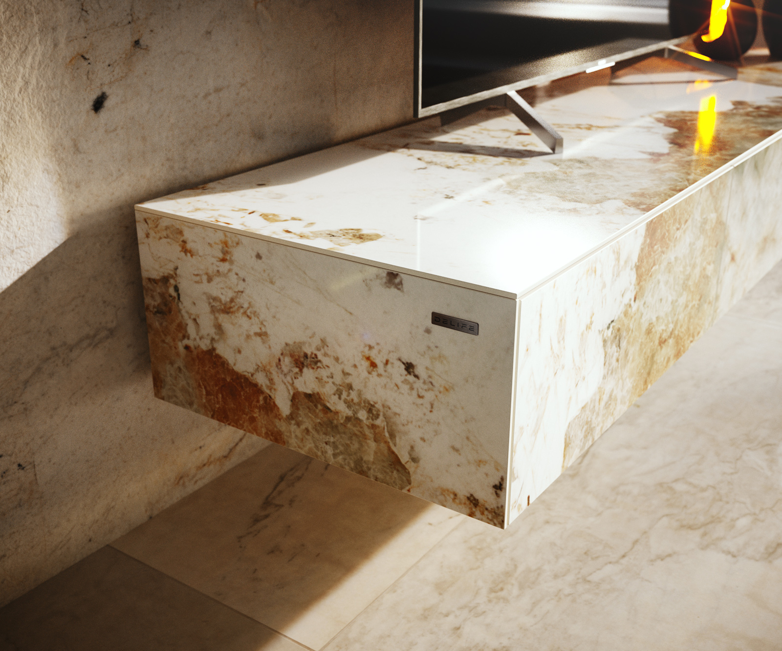 TV szekrény Cuor 150 cm kerámia Minas melange fehér-bézs 1 billenő ajtó 1 fiókos láb lebegő akrilüveg - Image 7