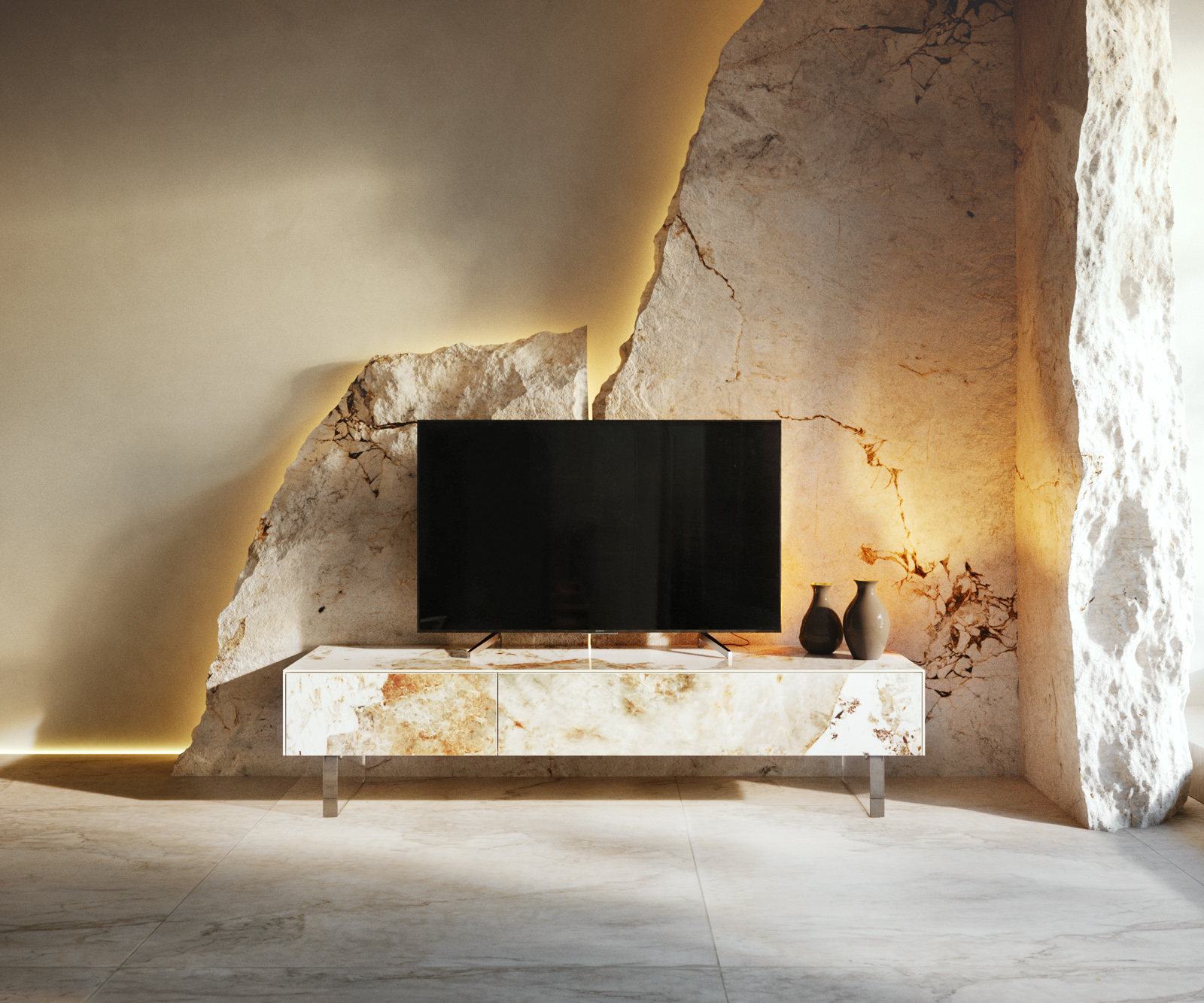 TV szekrény Cuor 150 cm kerámia Minas melange fehér-bézs 1 billenő ajtó 1 fiókos láb lebegő akrilüveg