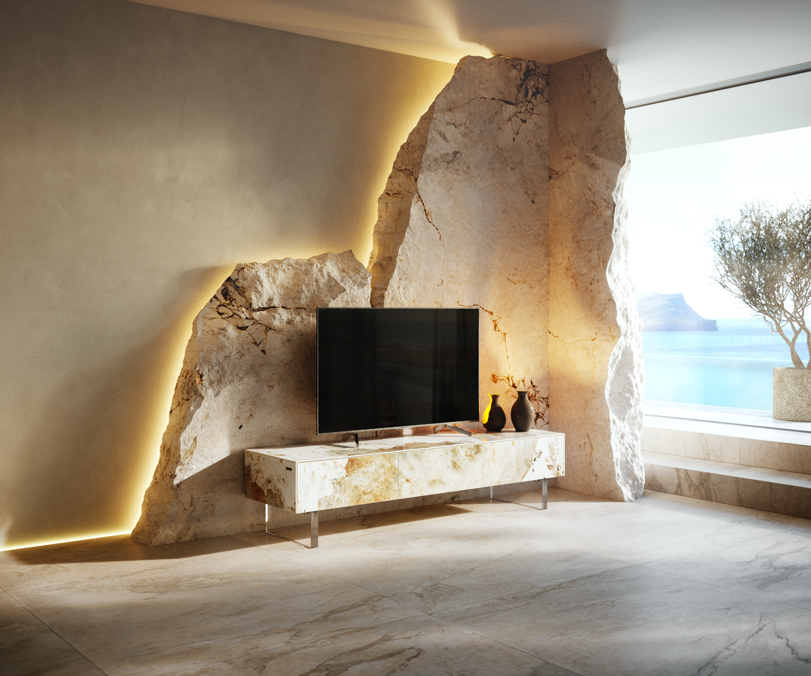 TV szekrény Cuor 150 cm kerámia Minas melange fehér-bézs 1 billenő ajtó 1 fiókos láb lebegő akrilüveg - Image 2