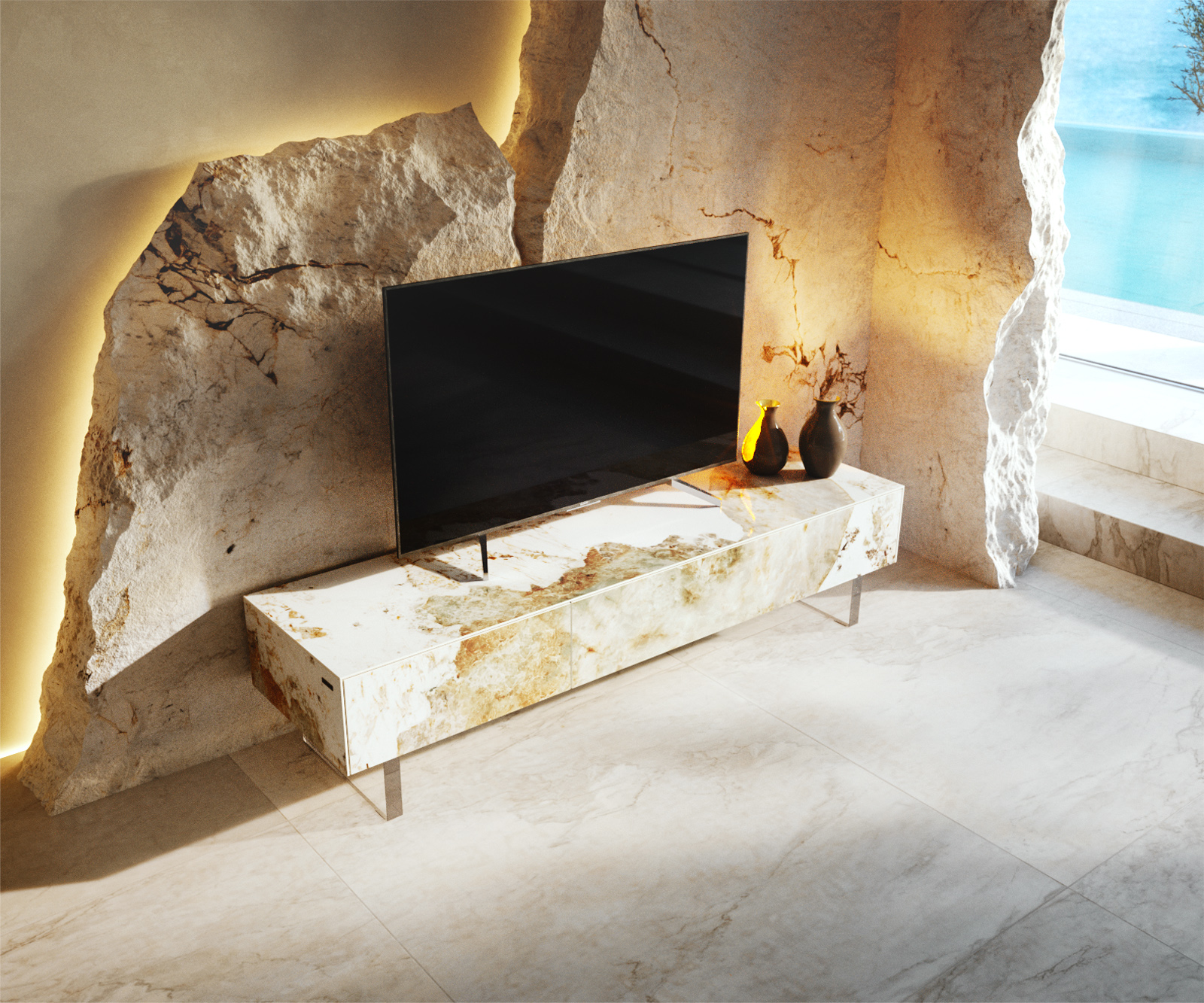 TV szekrény Cuor 150 cm kerámia Minas melange fehér-bézs 1 billenő ajtó 1 fiókos láb lebegő akrilüveg - Image 4