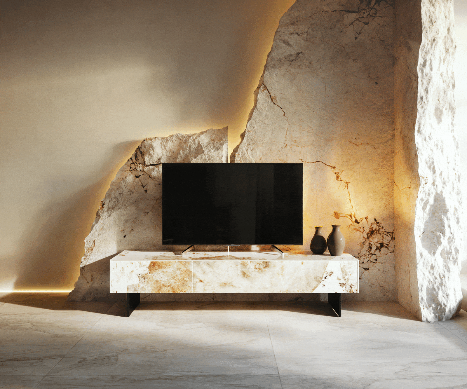 TV szekrény Cuor 150 cm kerámia Minas melange fehér-bézs 1 billenő ajtó 1 fiókos rakodófelület lebegő fém láb fekete - Image 6