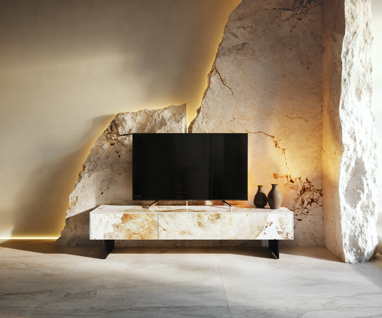 TV szekrény Cuor 150 cm kerámia Minas melange fehér-bézs 1 billenő ajtó 1 fiókos rakodófelület lebegő fém láb fekete