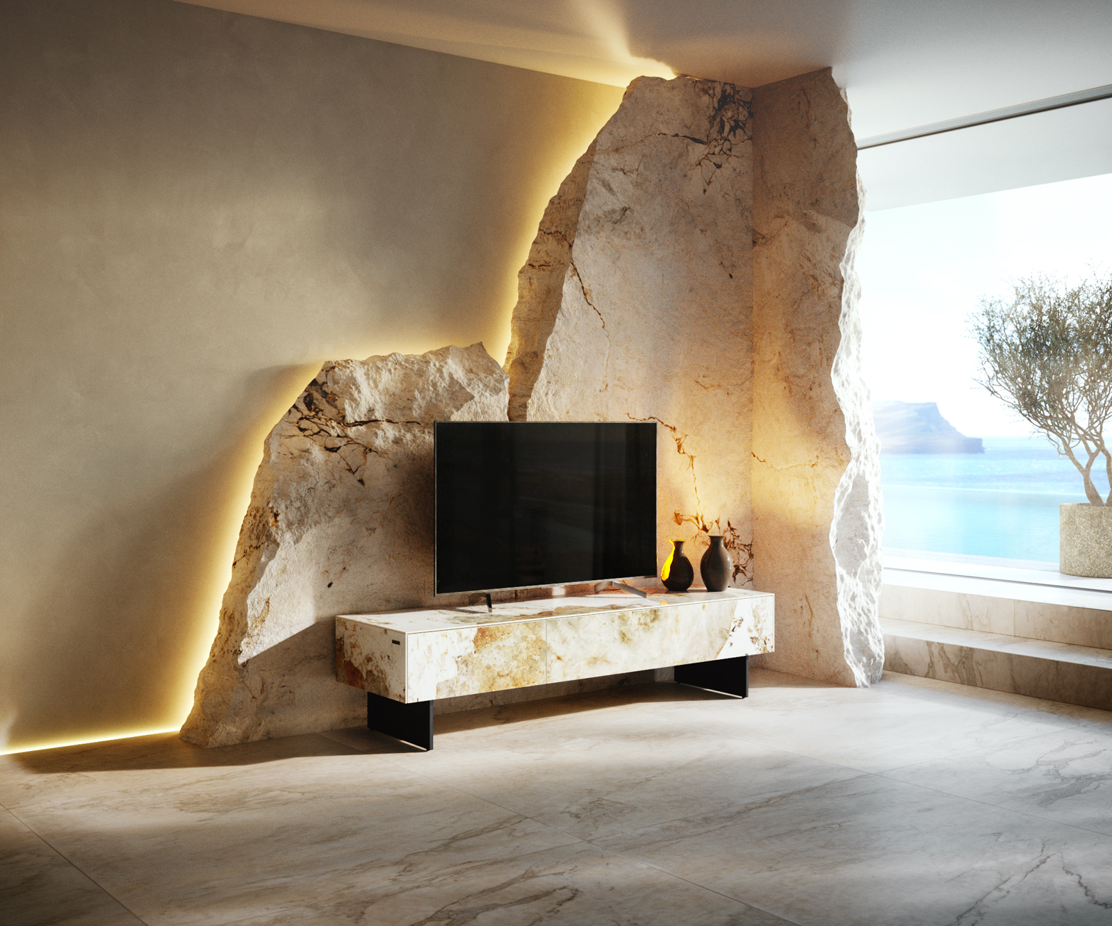 TV szekrény Cuor 150 cm kerámia Minas melange fehér-bézs 1 billenő ajtó 1 fiókos rakodófelület lebegő fém láb fekete - Image 2