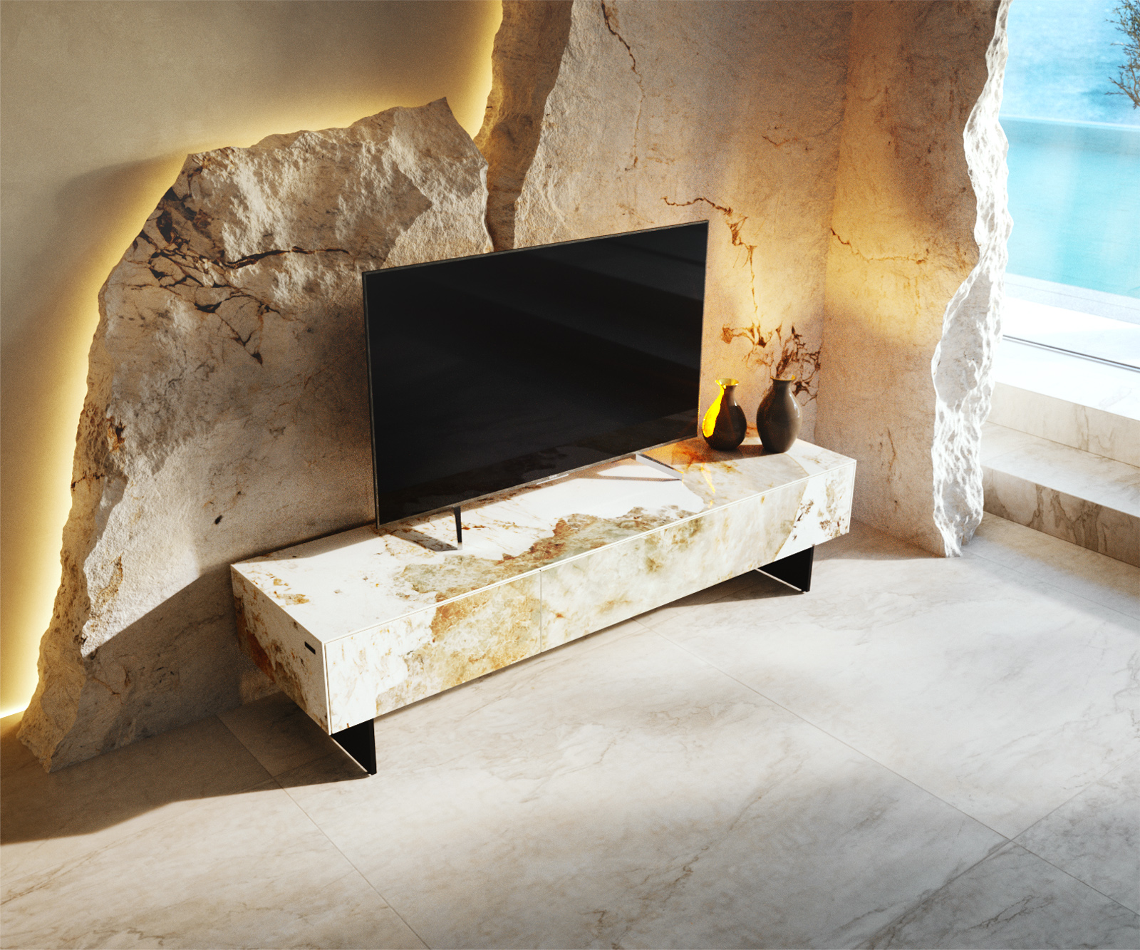 TV szekrény Cuor 150 cm kerámia Minas melange fehér-bézs 1 billenő ajtó 1 fiókos rakodófelület lebegő fém láb fekete - Image 4