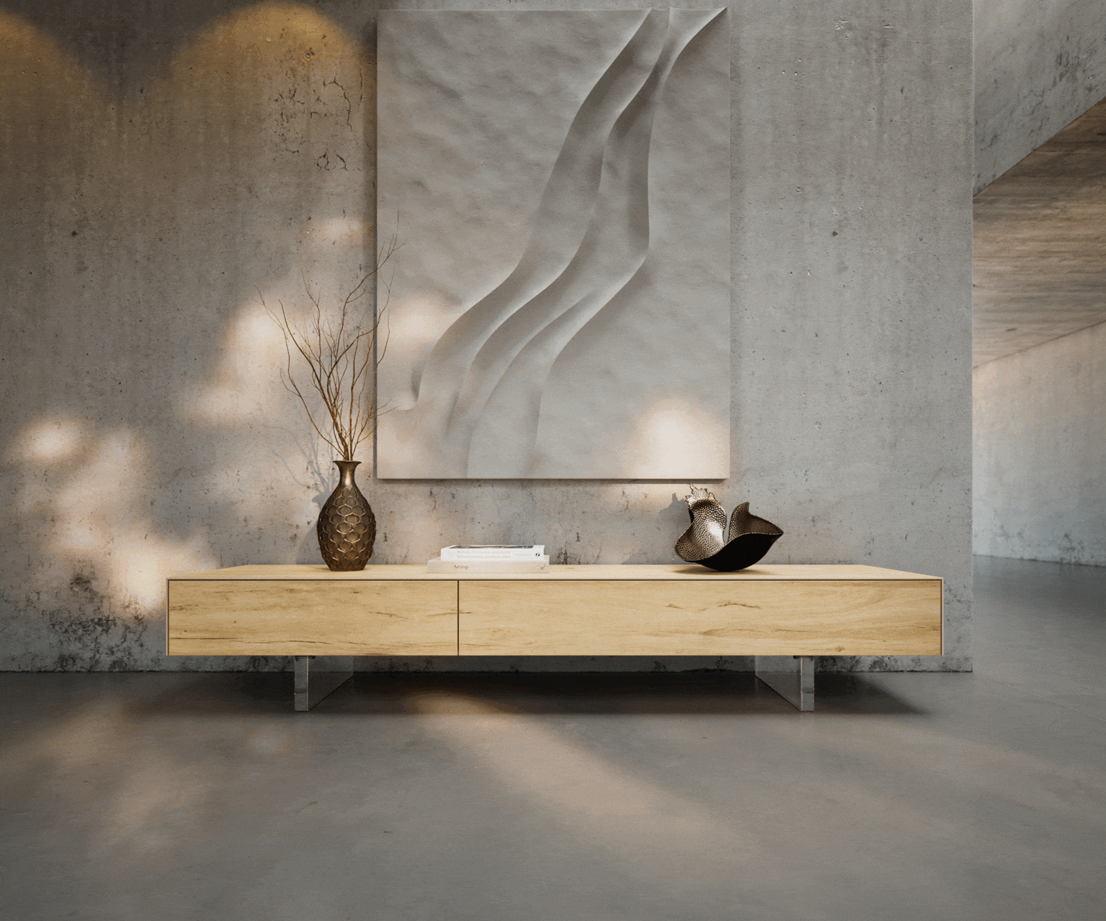 TV szekrény Cuor 200 cm kerámia Laminam® Sabbia tölgyszínű 1 billenő ajtó 1 fiókos láb lebegő hatású akrilüveg - Image 2