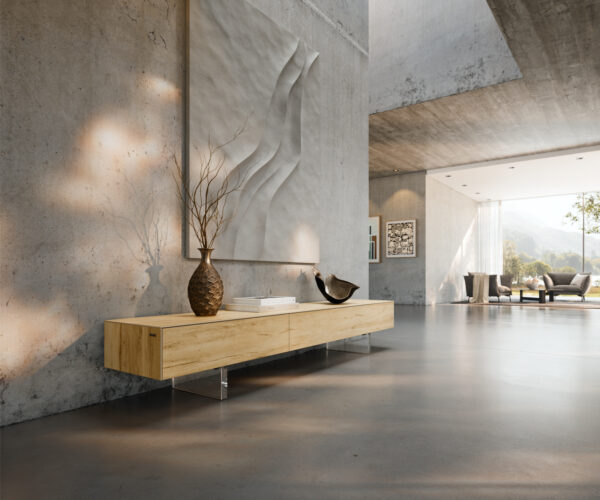 TV szekrény Cuor 200 cm kerámia Laminam® Sabbia tölgyszínű 1 billenő ajtó 1 fiókos láb lebegő hatású akrilüveg