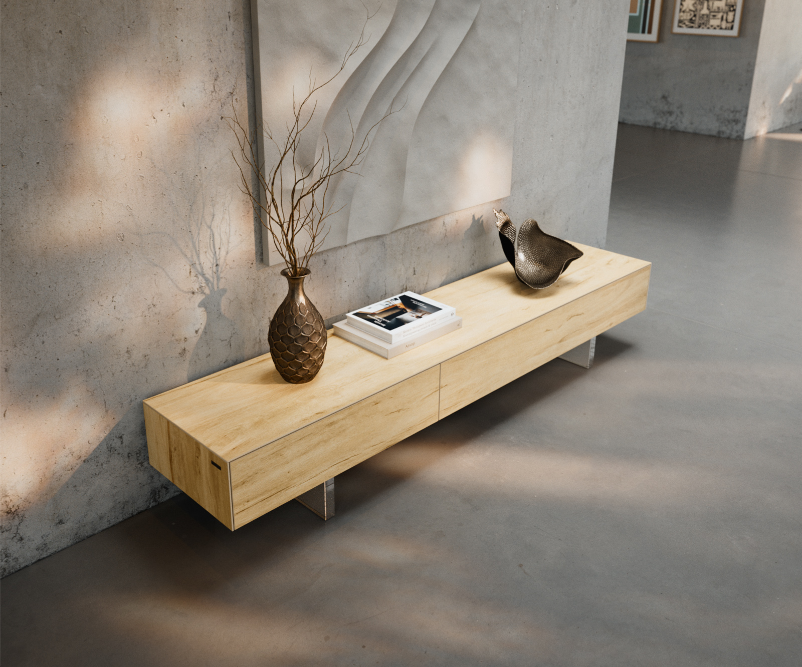 TV szekrény Cuor 200 cm kerámia Laminam® Sabbia tölgyszínű 1 billenő ajtó 1 fiókos láb lebegő hatású akrilüveg - Image 4