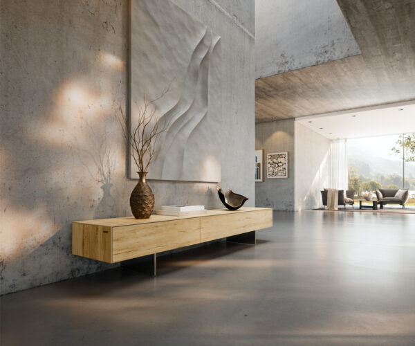 TV szekrény Cuor 200 cm kerámia Laminam® Sabbia tölgyszínű 1 billenő ajtó 1 fiókos lebegő rozsdamentes acél láb