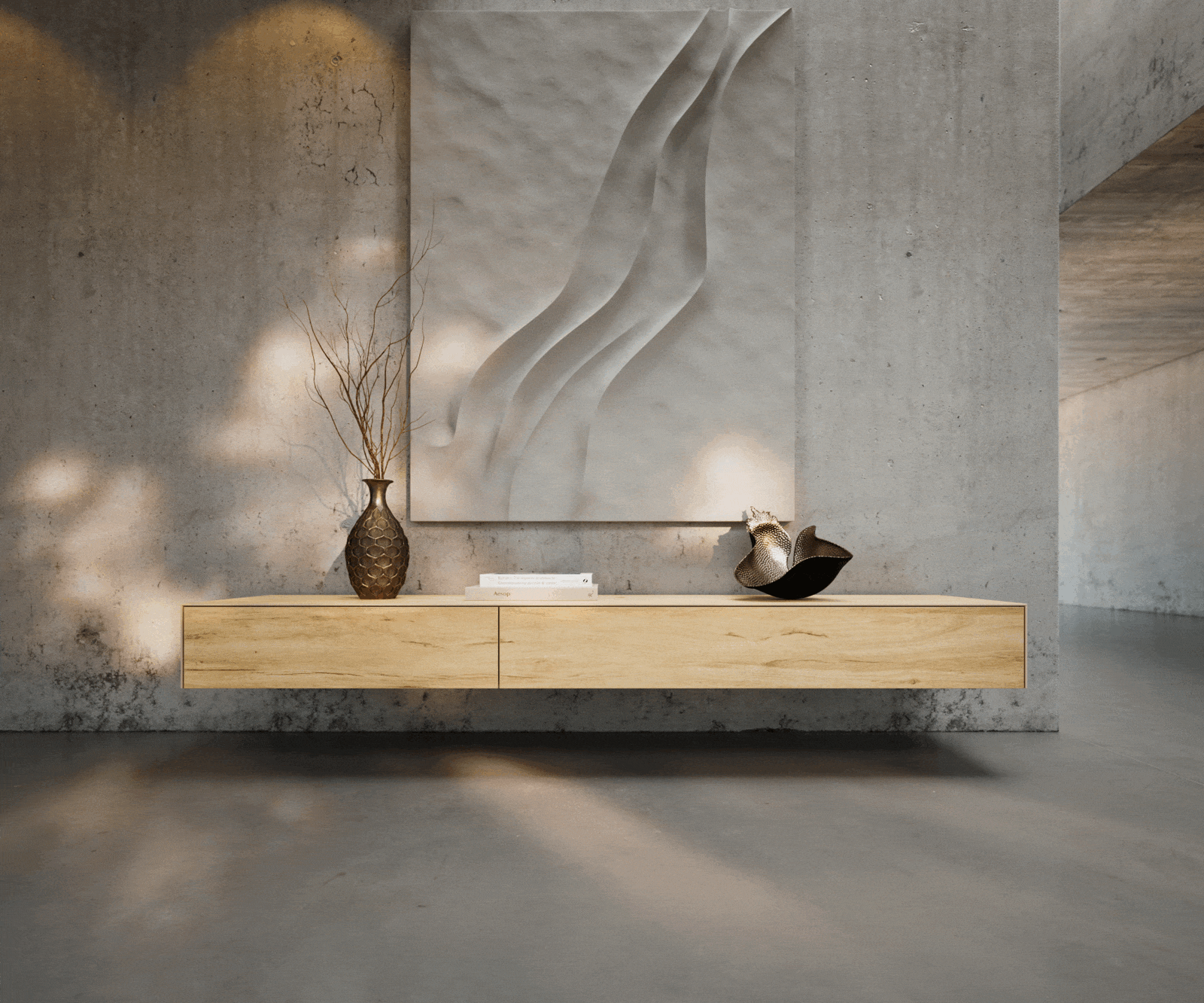 TV szekrény Cuor 200 cm kerámia Laminam® Sabbia tölgyszínű 1 billenő ajtó 1 fiókos lebegő - Image 2