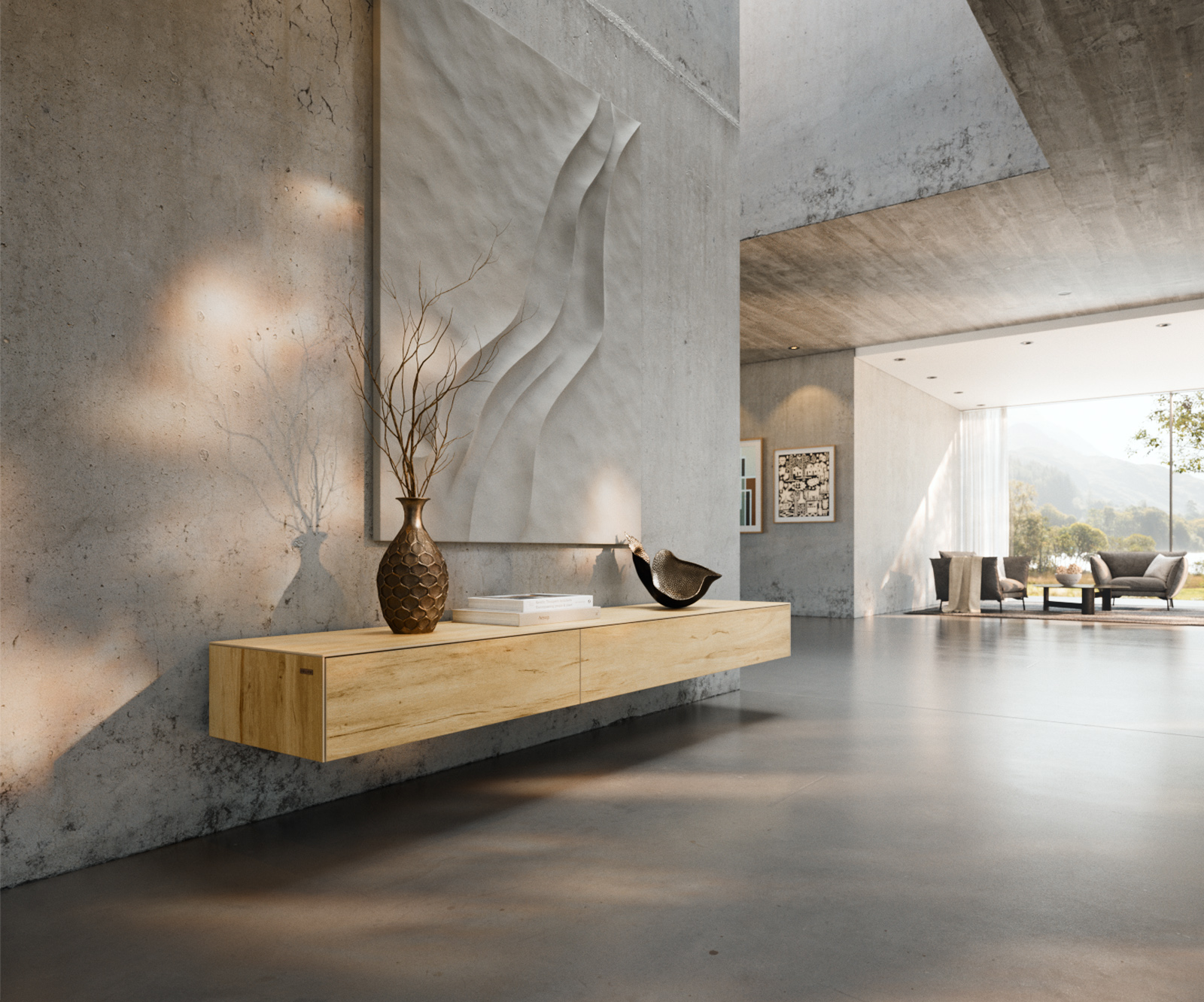 TV szekrény Cuor 200 cm kerámia Laminam® Sabbia tölgyszínű 1 billenő ajtó 1 fiókos lebegő