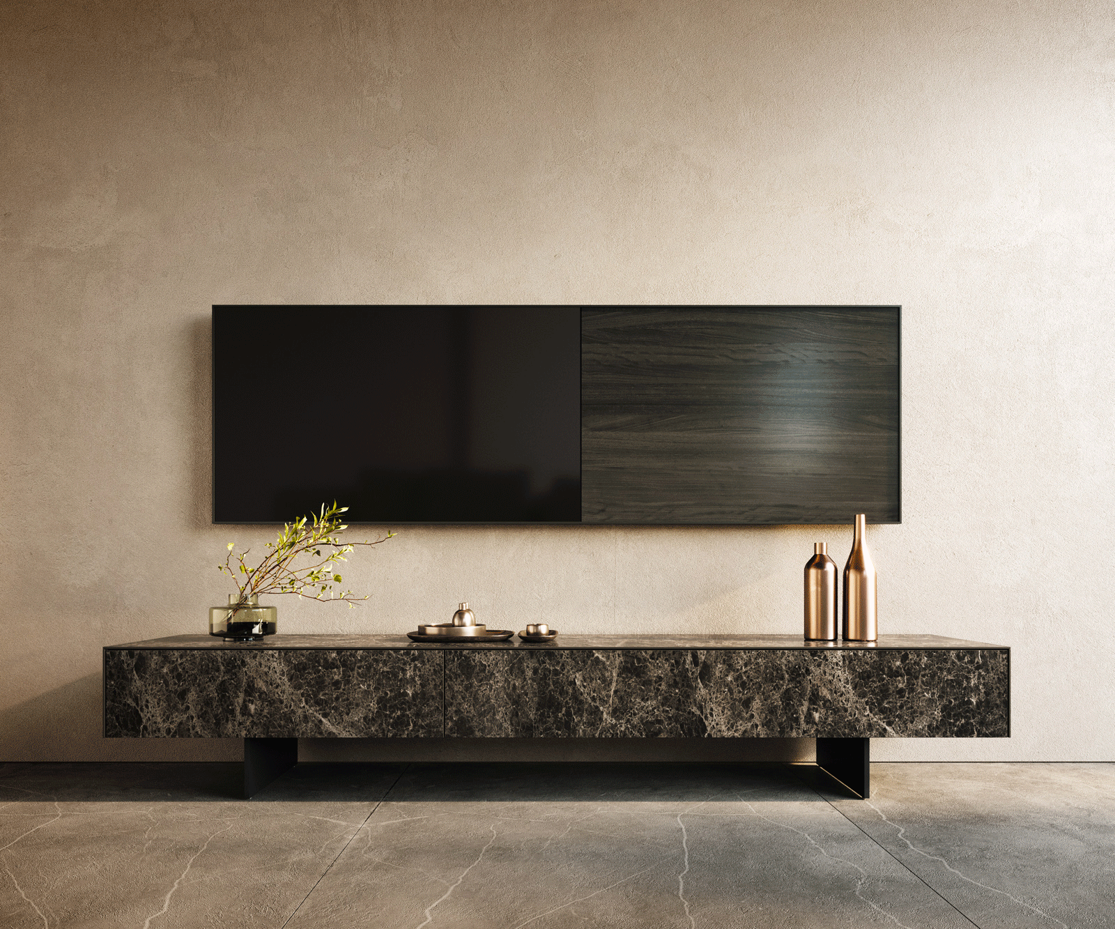 TV szekrény Cuor 200 cm kerámia Laminam® Emperador Extra Lucidato sötétbarna 1 billenő ajtó 1 fiókos rekesz lebegő fém láb fekete - Image 2