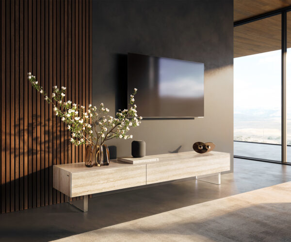 TV szekrény Cuor 200 cm kerámia Laminam® Travertino Bianco krémfehér 1 billenő ajtó 1 fiókos lebegő láb akrilüvegből