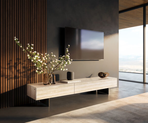 TV szekrény Cuor 200 cm kerámia Laminam® Travertino Bianco krémfehér 1 billenő ajtó 1 fiók lebegő láb fém fekete