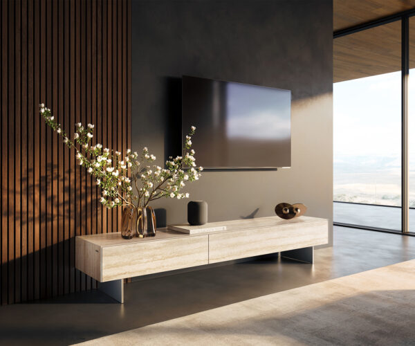 TV szekrény Cuor 200 cm kerámia Laminam® Travertino Bianco krémfehér 1 billenő ajtó 1 fiókos lebegő láb rozsdamentes acélból