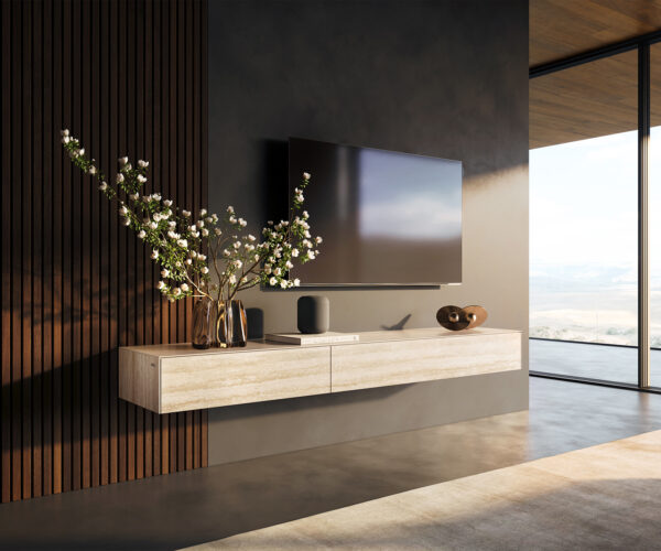 TV szekrény Cuor 200 cm kerámia Laminam® Travertino Bianco krémfehér 1 billenő ajtó 1 fiókos lebegő