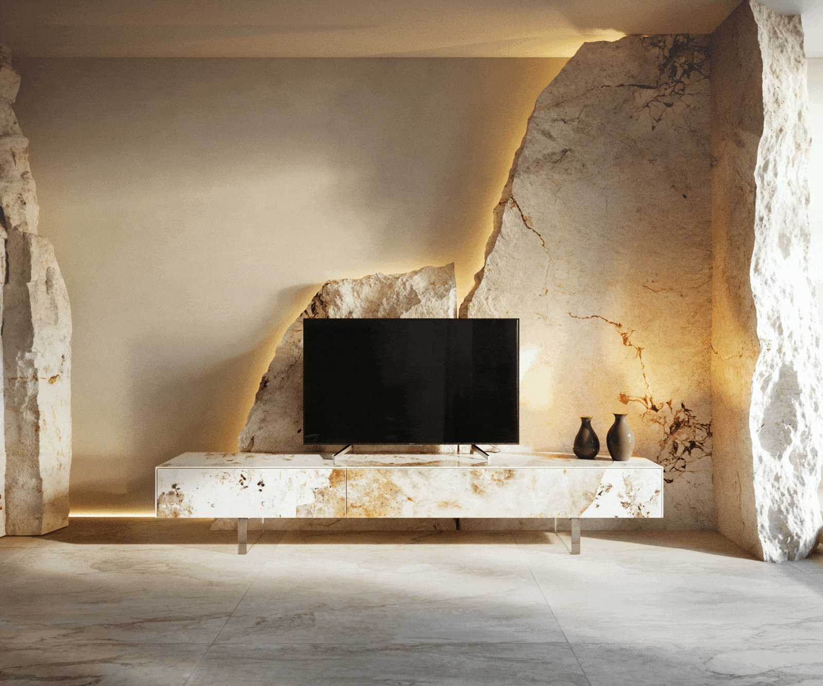 TV szekrény Cuor 200 cm kerámia Minas Melange fehér-bézs 1 billenő ajtó 1 fiókos láb lebegő akrilüveg - Image 6