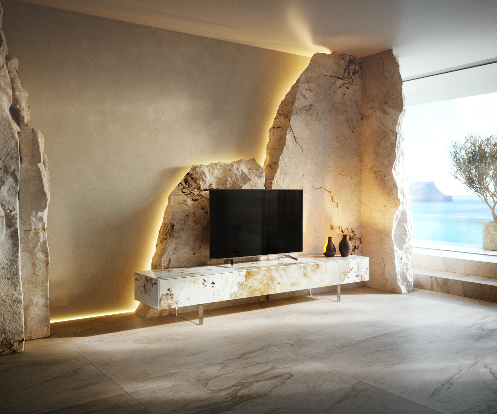 TV szekrény Cuor 200 cm kerámia Minas Melange fehér-bézs 1 billenő ajtó 1 fiókos láb lebegő akrilüveg - Image 2