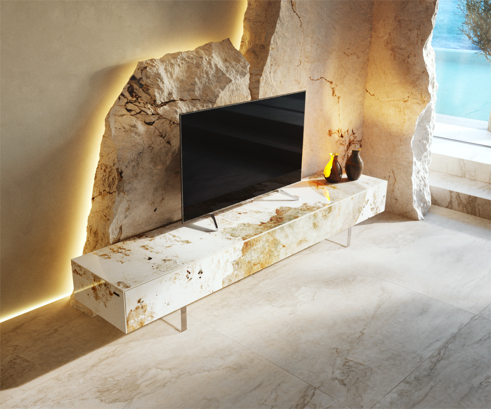 TV szekrény Cuor 200 cm kerámia Minas Melange fehér-bézs 1 billenő ajtó 1 fiókos láb lebegő akrilüveg - Image 4