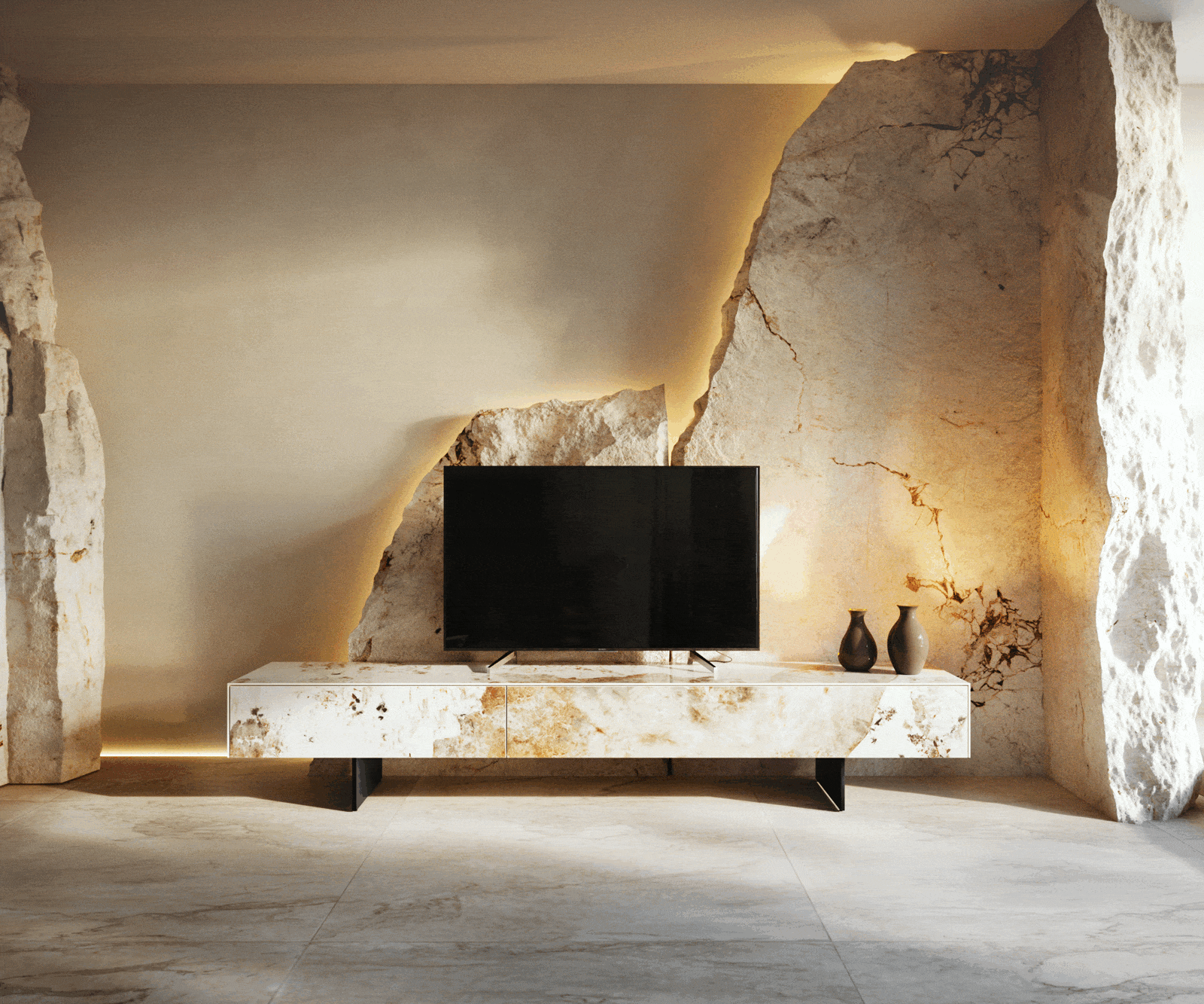 TV szekrény Cuor 200 cm kerámia Minas Melange fehér-bézs 1 billenő ajtó 1 fiók lebegő láb fém fekete - Image 6