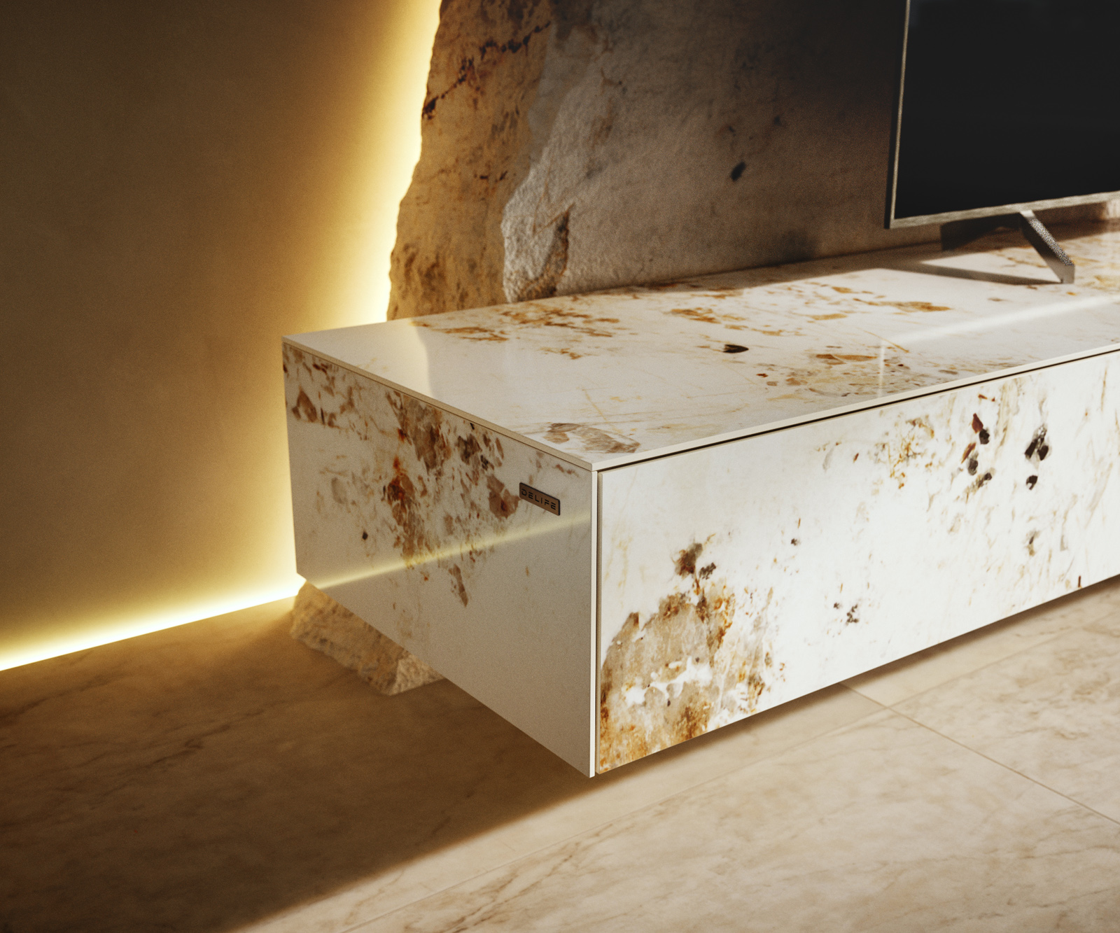 TV szekrény Cuor 200 cm kerámia Minas Melange fehér-bézs 1 billenő ajtó 1 fiók lebegő láb fém fekete - Image 7