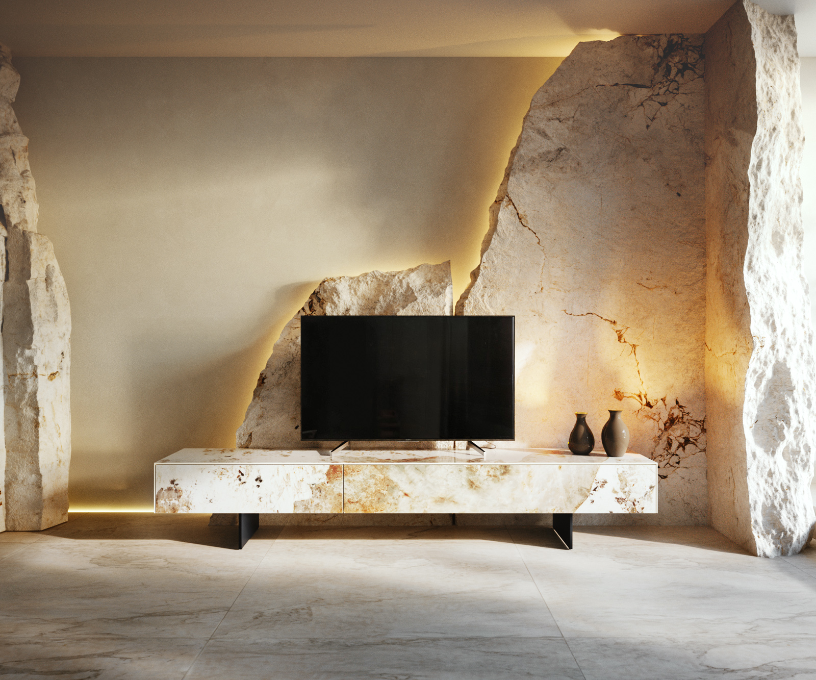 TV szekrény Cuor 200 cm kerámia Minas Melange fehér-bézs 1 billenő ajtó 1 fiók lebegő láb fém fekete