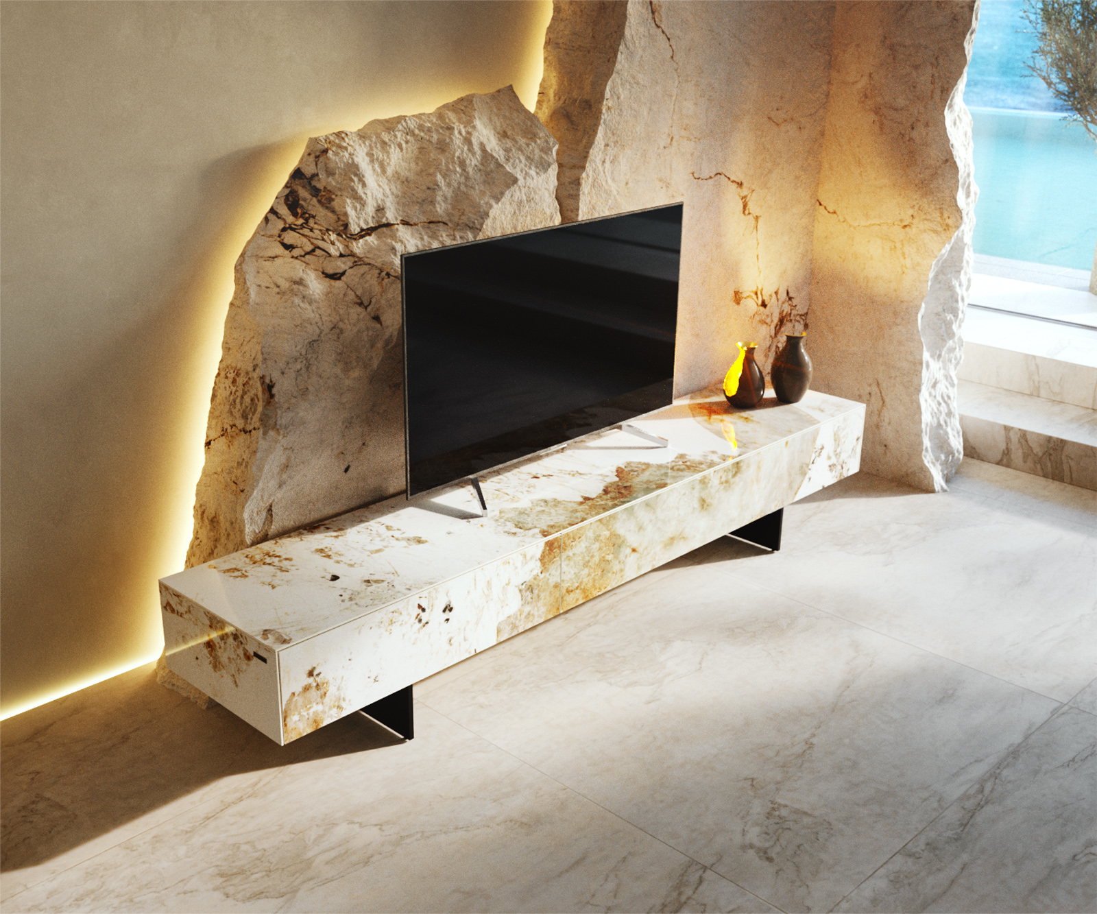 TV szekrény Cuor 200 cm kerámia Minas Melange fehér-bézs 1 billenő ajtó 1 fiók lebegő láb fém fekete - Image 4