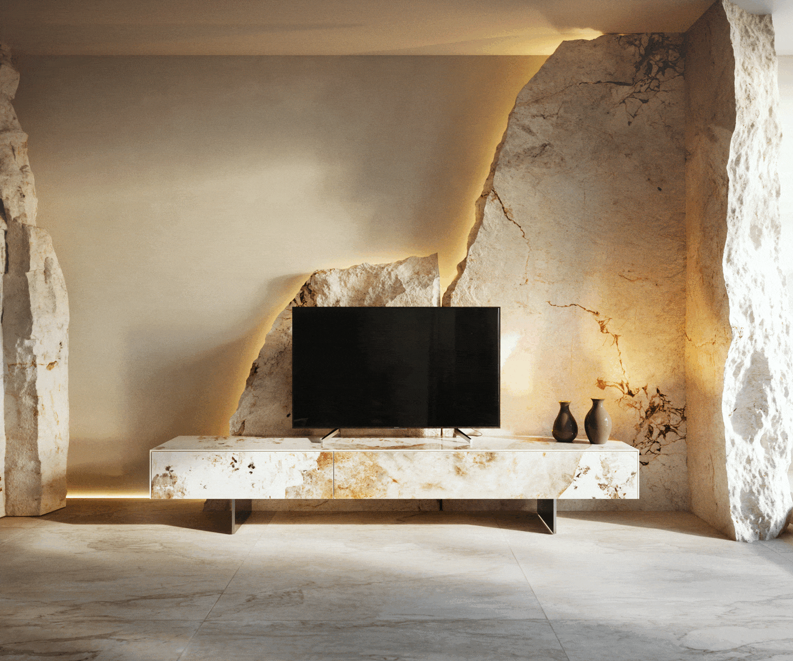 TV szekrény Cuor 200 cm kerámia Minas Melange fehér-bézs 1 billenő ajtó 1 fiók lebegő láb rozsdamentes acél - Image 6