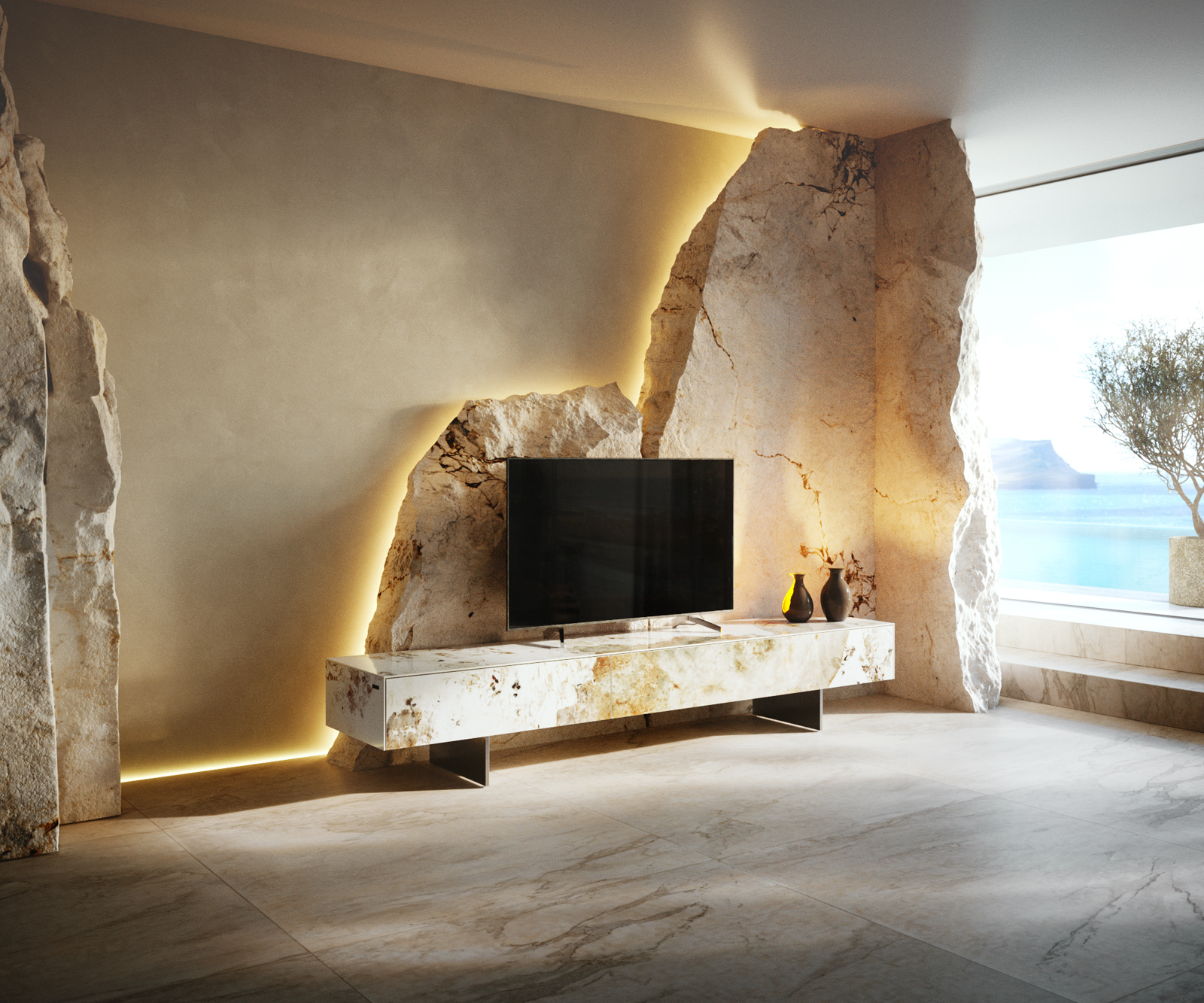 TV szekrény Cuor 200 cm kerámia Minas Melange fehér-bézs 1 billenő ajtó 1 fiók lebegő láb rozsdamentes acél - Image 2