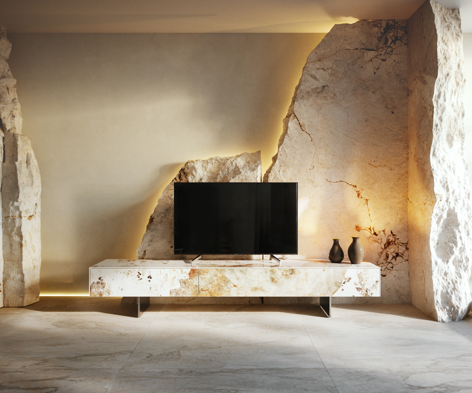 TV szekrény Cuor 200 cm kerámia Minas Melange fehér-bézs 1 billenő ajtó 1 fiók lebegő láb rozsdamentes acél