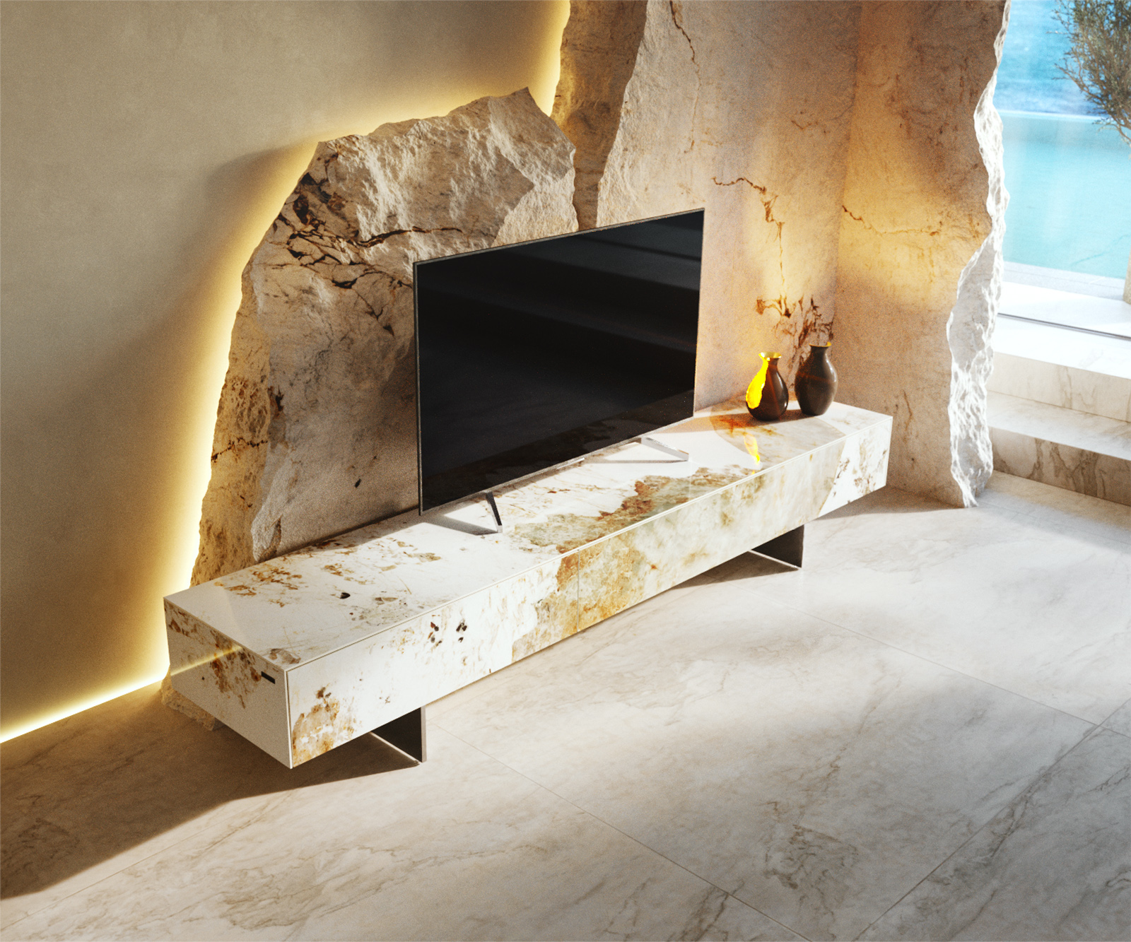 TV szekrény Cuor 200 cm kerámia Minas Melange fehér-bézs 1 billenő ajtó 1 fiók lebegő láb rozsdamentes acél - Image 4