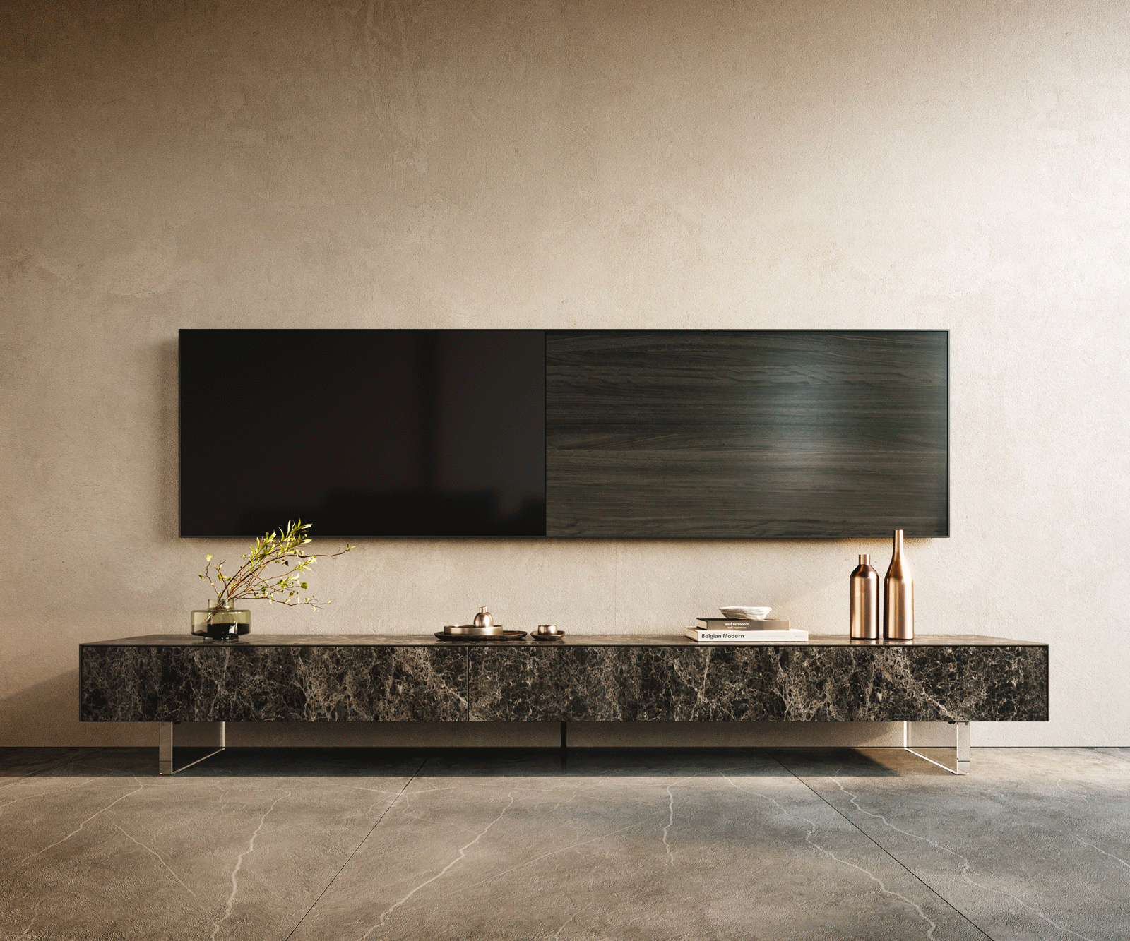 TV szekrény Cuor 250 cm kerámia Laminam® Emperador Extra Lucidato sötétbarna 1 billenő ajtó 1 fiókos rekesz lebegő láb akrilüveg - Image 2