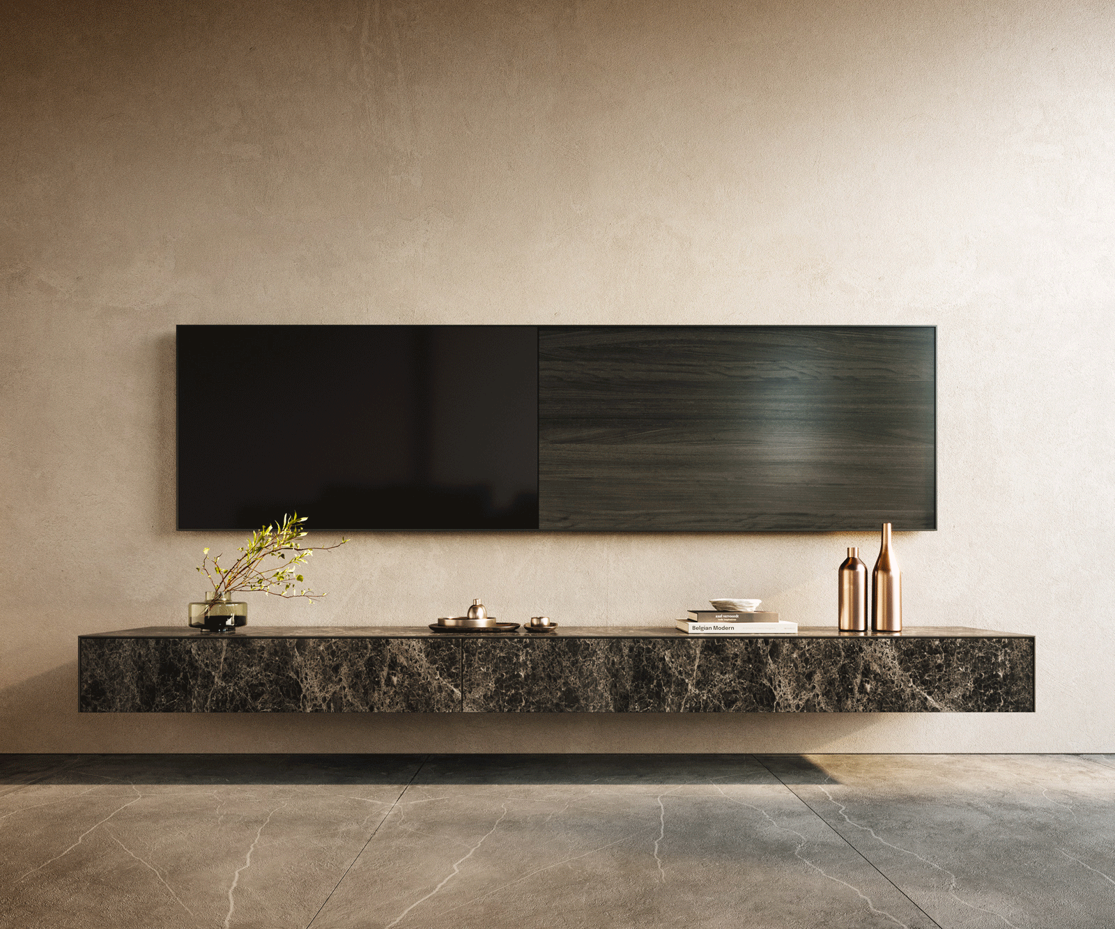 TV szekrény Cuor 250 cm kerámia emperador extra polírozott sötétbarna 1 billenő ajtó 1 fiókos lebegő - Image 2