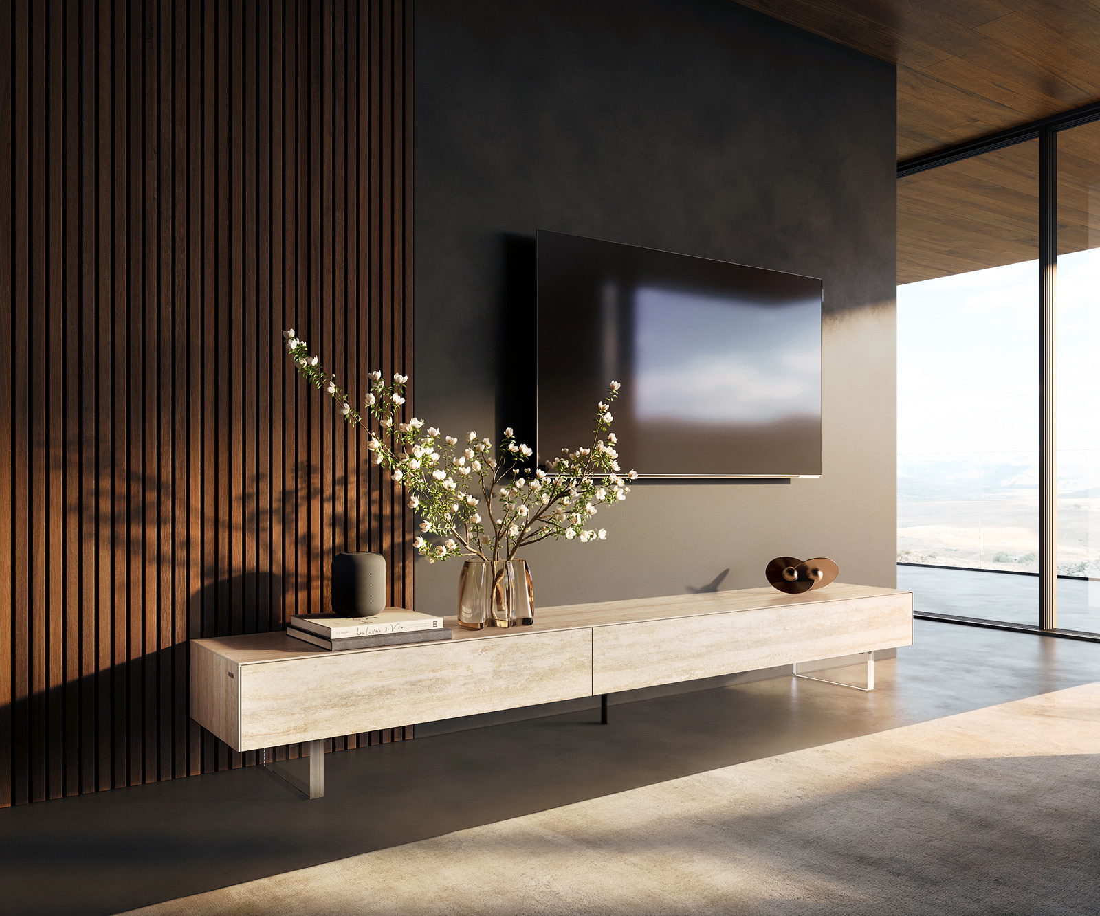 TV szekrény Cuor 250 cm kerámia Laminam® Travertino Bianco krémfehér 1 billenő ajtó 1 fiókos rekesz lebegő láb akrilüveg