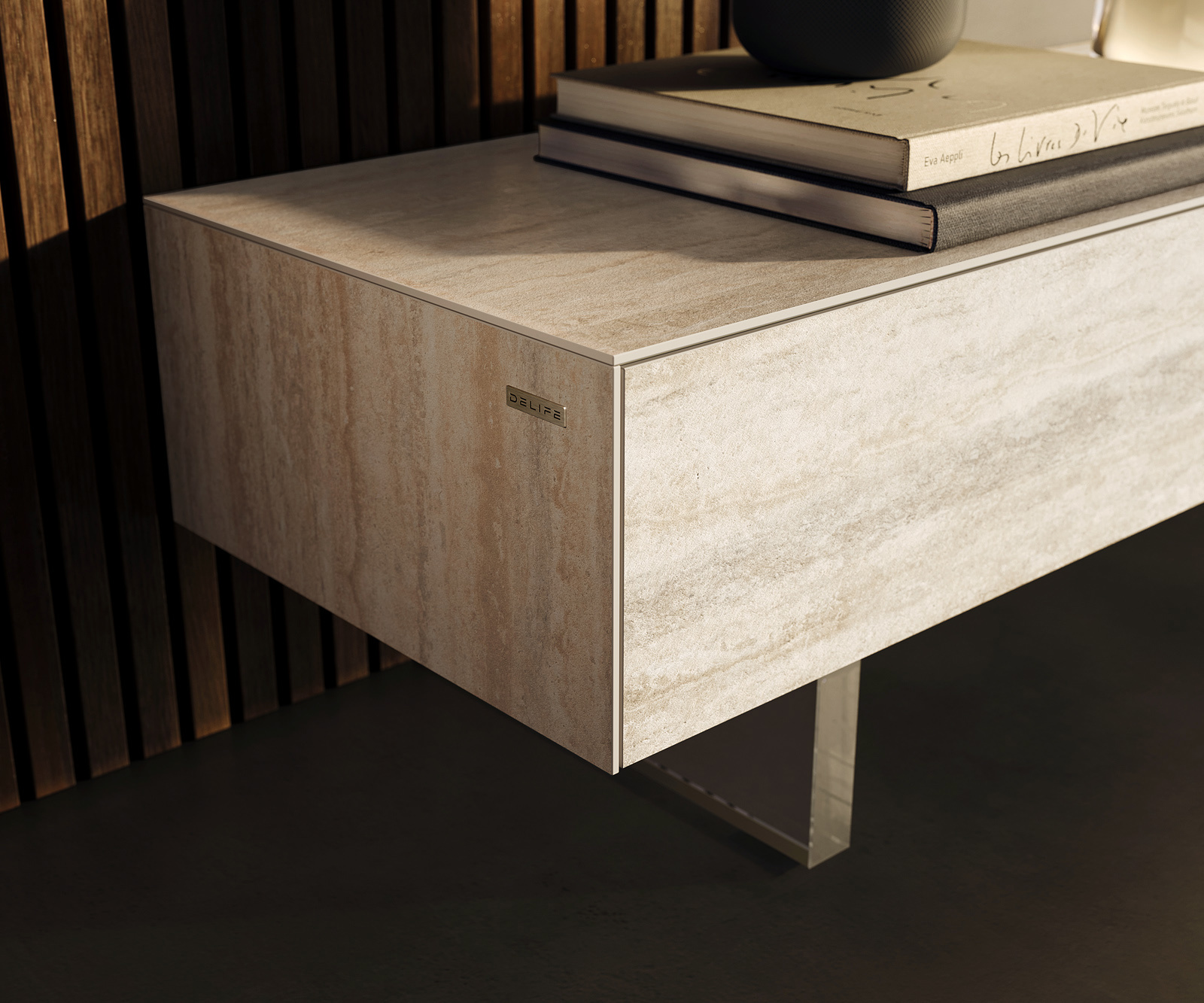 TV szekrény Cuor 250 cm kerámia Laminam® Travertino Bianco krémfehér 1 billenő ajtó 1 fiókos rekesz lebegő láb akrilüveg - Image 6