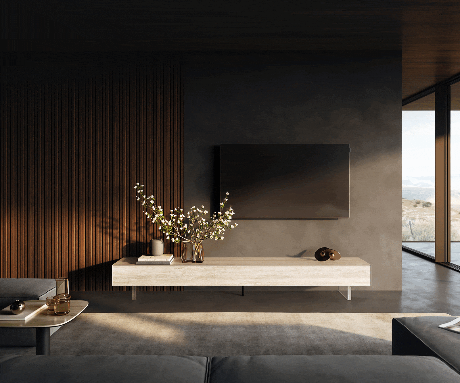 TV szekrény Cuor 250 cm kerámia Laminam® Travertino Bianco krémfehér 1 billenő ajtó 1 fiókos rekesz lebegő láb akrilüveg - Image 2