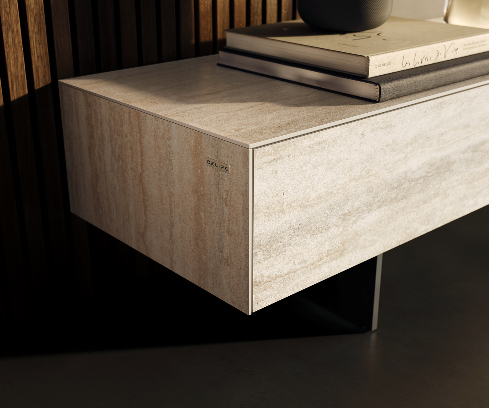 TV szekrény Cuor 250 cm kerámia Laminam® Travertino Bianco krémfehér 1 billenő ajtó 1 fiókos rekesz lebegő fém láb fekete - Image 6